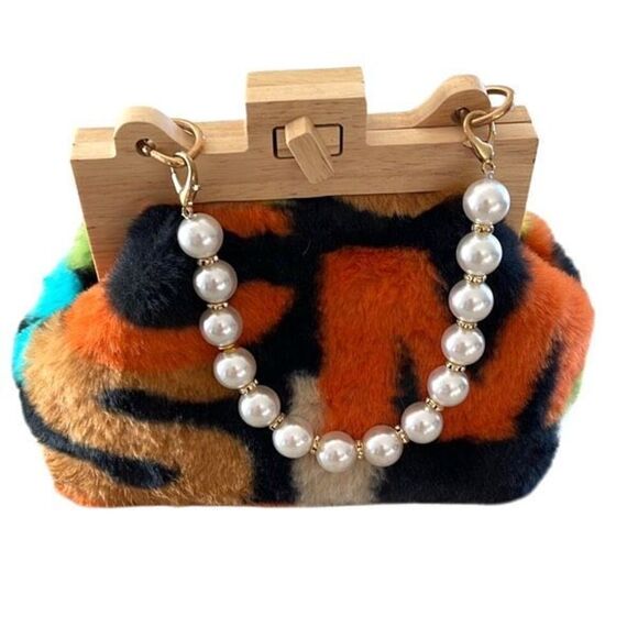 Womens Colorblock Furry White Pearl‎ Handle Purse Handbag Multicolor - Picture 1 of 9